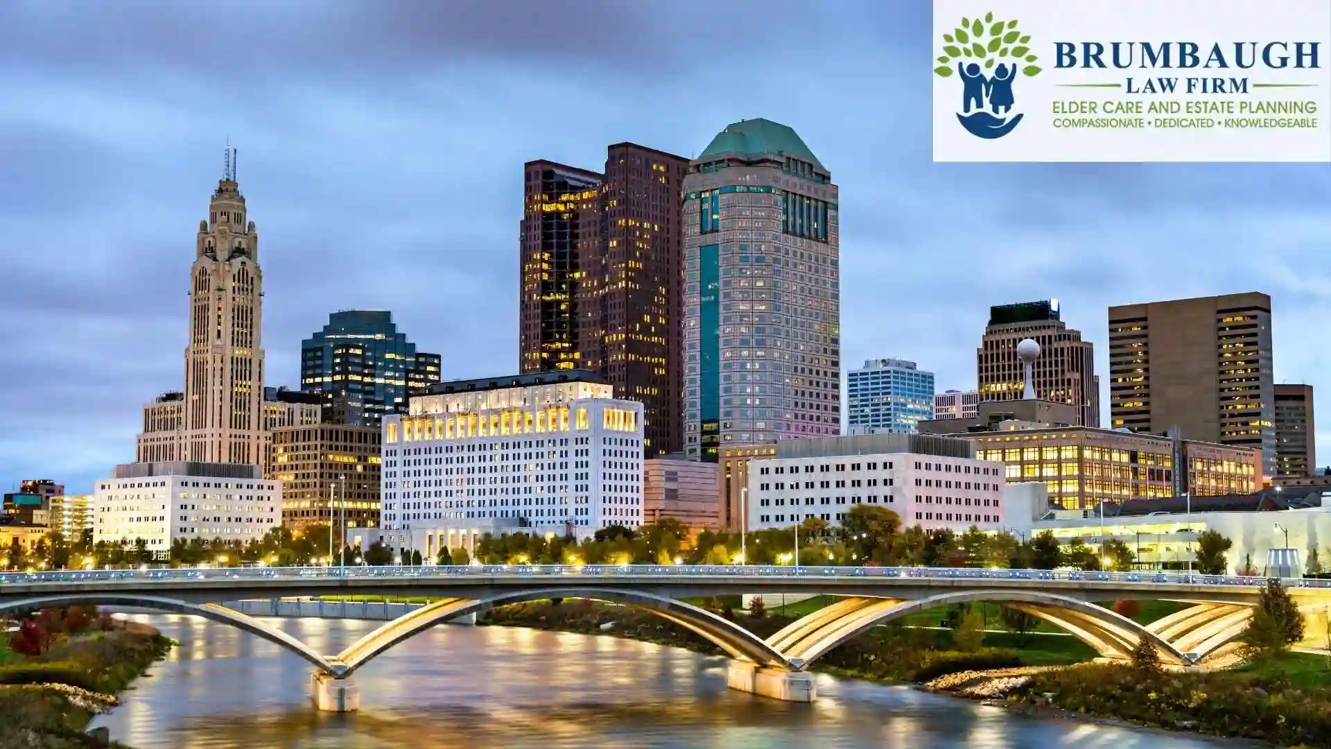 Downtown Columbus ohio skyline with Brumbaugh Law Firm logo