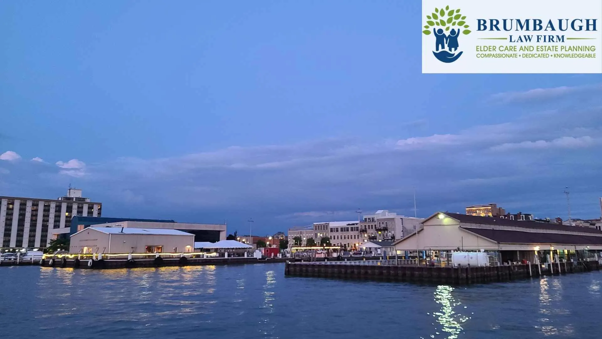 Waterfront buildings at dusk in sandusky docks