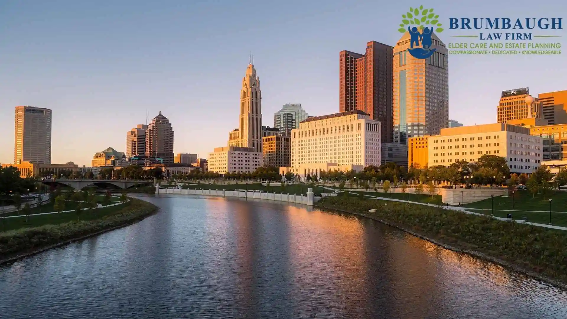 The skyline of Cleveland, Ohio is reflected in the water of the river. This city is where Brumbaugh Law Firm resides and offers estate planning services