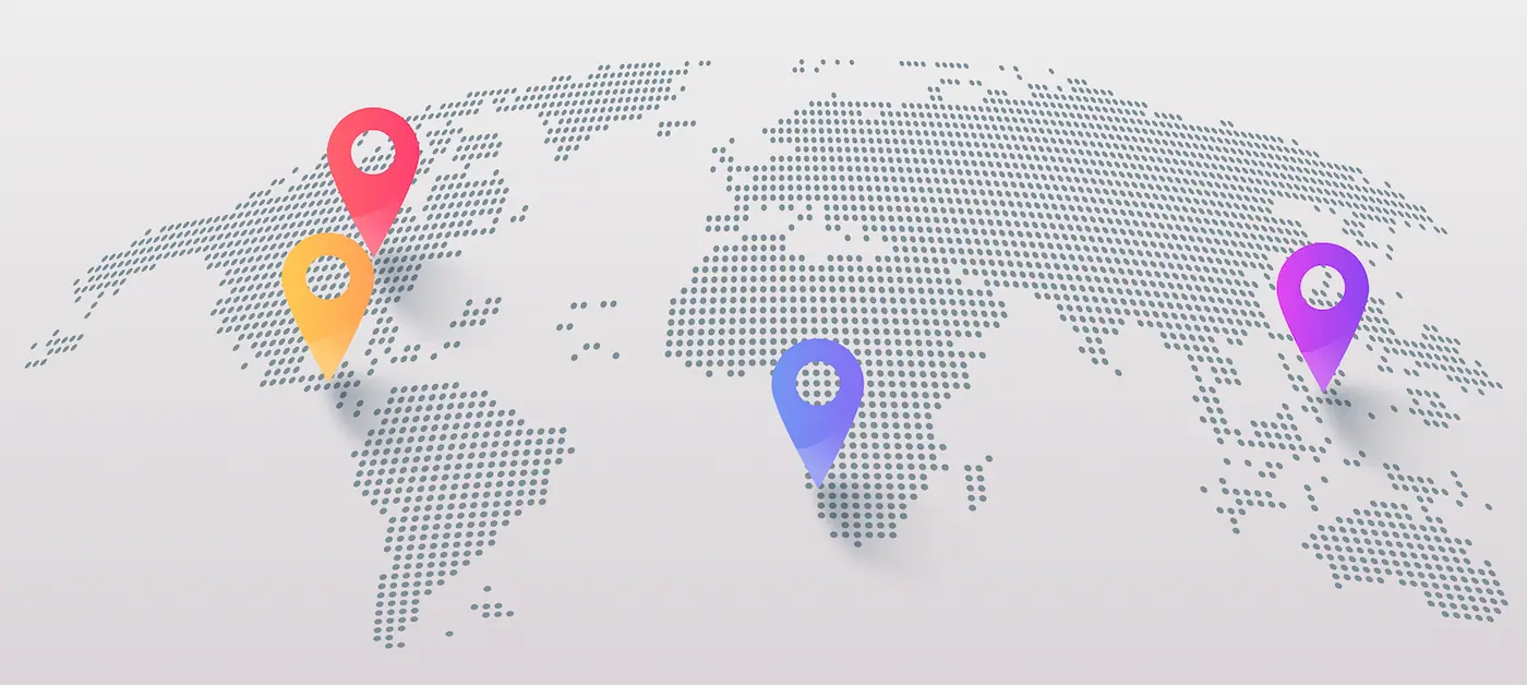 World map with colorful location markers