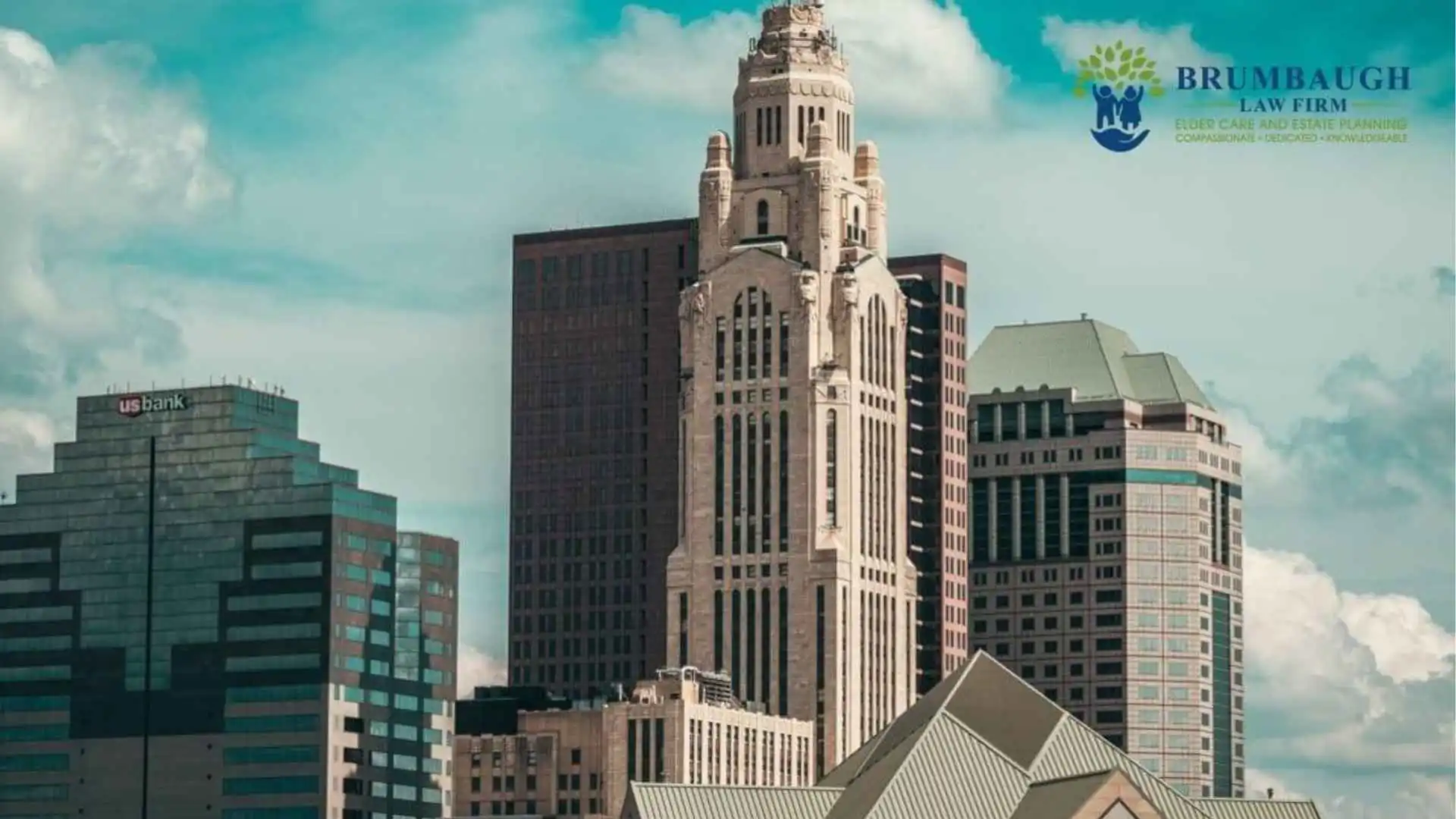 The Sandusky, Ohio skyline along Lake Erie is shown, home to families who turn to a long term care attorney in Ohio for Medicaid and nursing home planning. Branded with the Brumbaugh Law Firm logo.